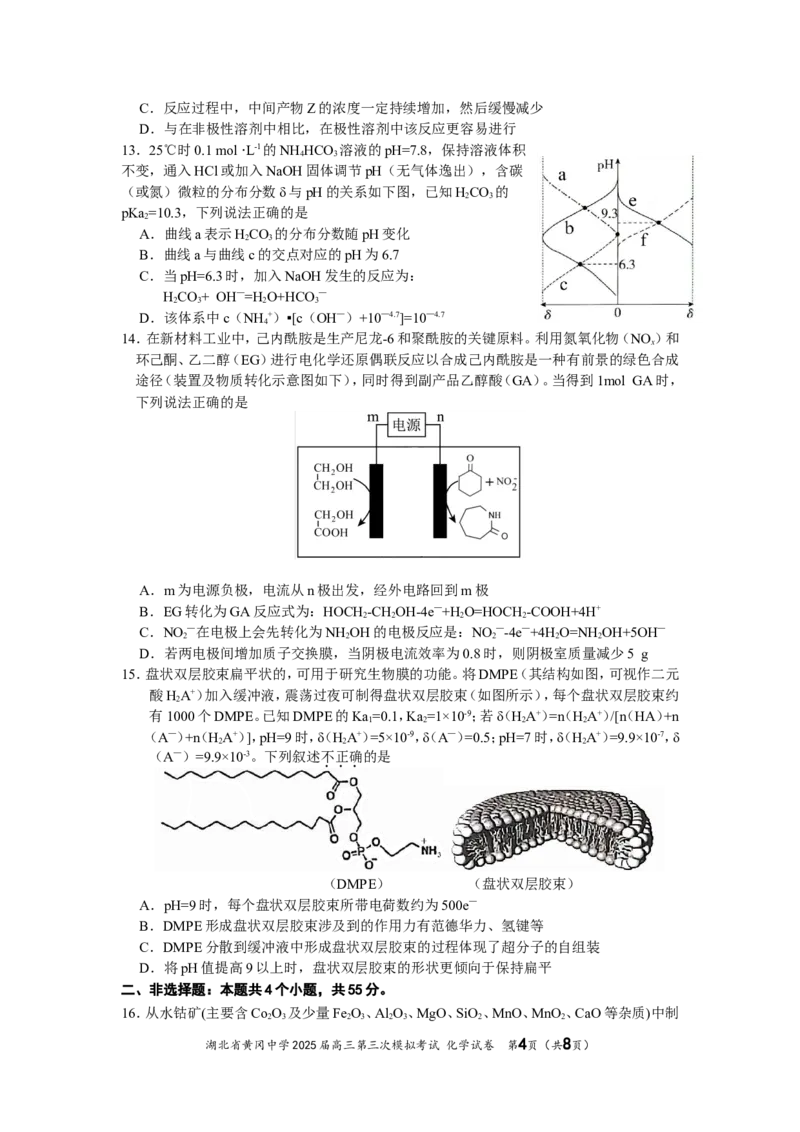 湖北省黄冈中学2025届高三第三次模拟考试化学_2025年5月_250527湖北省黄冈中学2025届高三第三次模拟考试（全科）