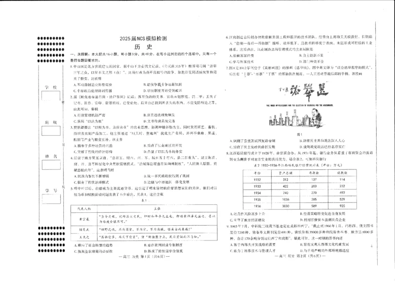 江西省南昌市高三2025届高三第二次模拟考试历史_2025年4月_250411江西省南昌市高三2025届高三第二次模拟考试（南昌二模）（全科）