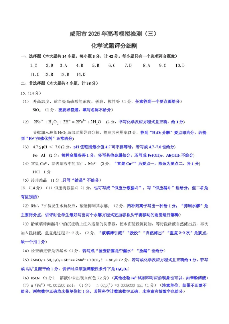 咸阳市2025届高考第三次模拟检测化学试题化学化学评分细则_2025年5月_0501陕西省咸阳市2025年高考模拟检测（三）（咸阳三模）（全科）