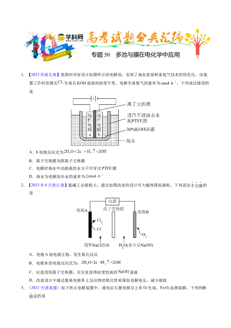专题50多池与膜在电化学中应用（原卷卷）_近10年高考真题汇编（必刷）_十年（2014-2024）高考化学真题分项汇编（全国通用）_十年（2014-2023）高考化学真题分项汇编（全国通用）