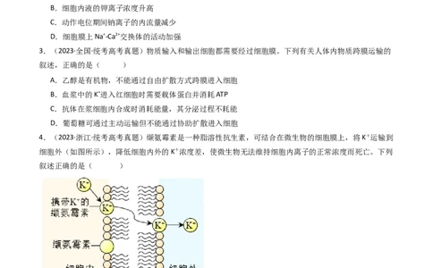 专题03物质运输（原卷卷）_近10年高考真题汇编（必刷）_十年（2014-2024）高考生物真题分项汇编（全国通用）_十年（2014-2023）高考生物真题分项汇编（全国通用）