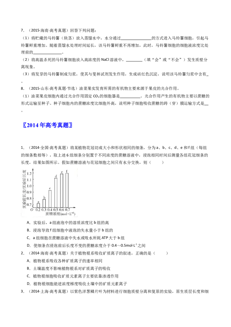 专题03物质运输（原卷卷）_近10年高考真题汇编（必刷）_十年（2014-2024）高考生物真题分项汇编（全国通用）_十年（2014-2023）高考生物真题分项汇编（全国通用）