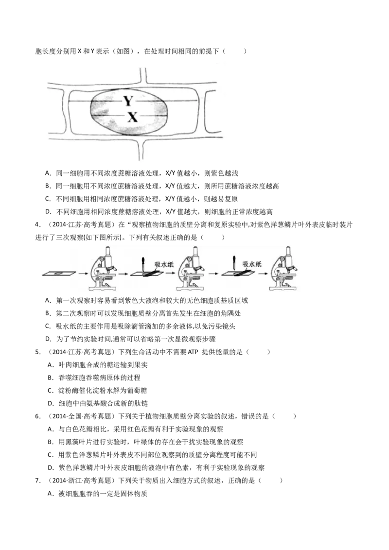 专题03物质运输（原卷卷）_近10年高考真题汇编（必刷）_十年（2014-2024）高考生物真题分项汇编（全国通用）_十年（2014-2023）高考生物真题分项汇编（全国通用）