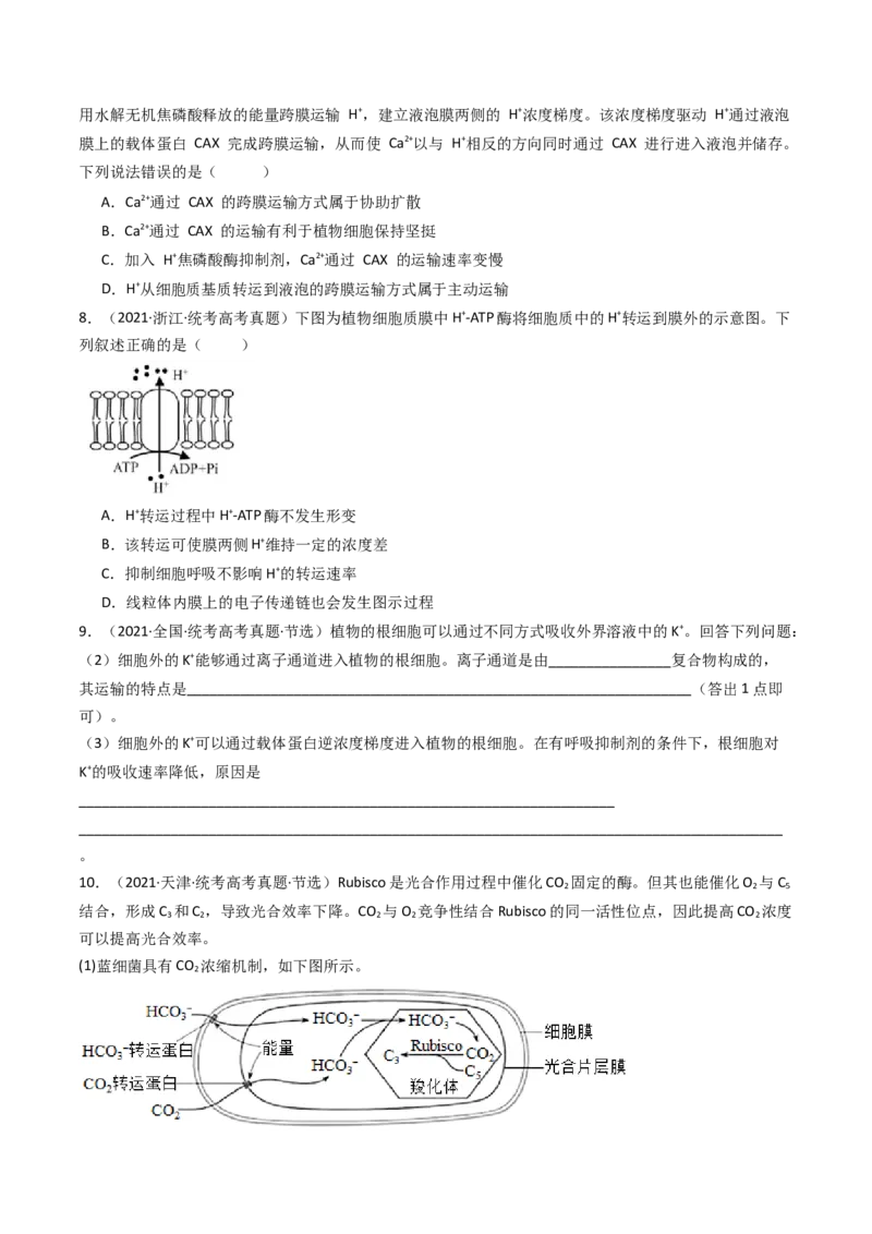 专题03物质运输（原卷卷）_近10年高考真题汇编（必刷）_十年（2014-2024）高考生物真题分项汇编（全国通用）_十年（2014-2023）高考生物真题分项汇编（全国通用）