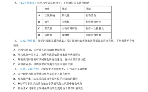 专题01化学与STSE化学用语-三年（2022-2024）高考化学真题分类汇编（全国通用）（学生卷）_近10年高考真题汇编（必刷）_十年（2014-2024）高考化学真题分项汇编（全国通用）