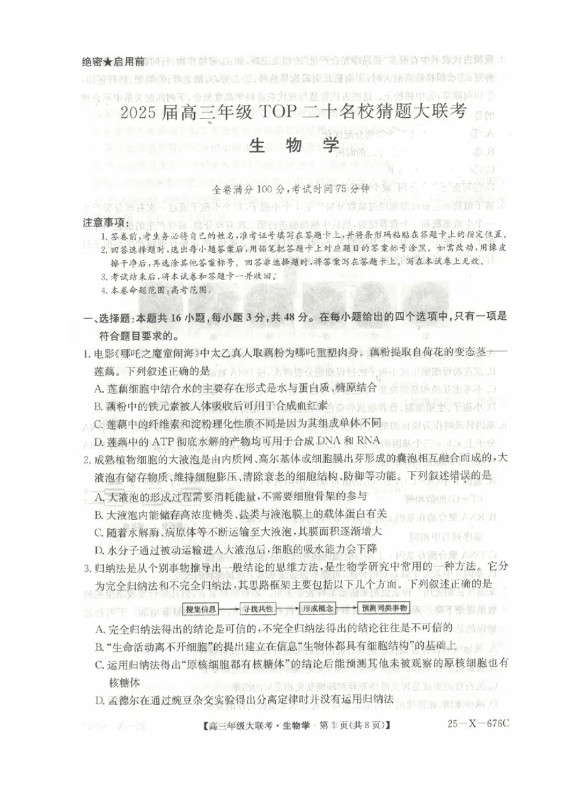 河南省TOP二十名校2025届高三猜题大联考生物试题（含答案）_2025年5月_250516河南省TOP二十名校2025届高三猜题大联考（全科）