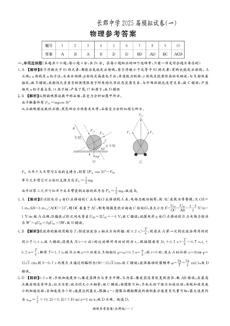 炎德&middot;英才大联考长郡中学2025届模拟试卷（一）物理答案_2025年5月_250510湖南省长郡中学2025届模拟试卷（一）（全科）_湖南炎德&middot;英才大联考长郡中学2025届模拟试卷（一）物理
