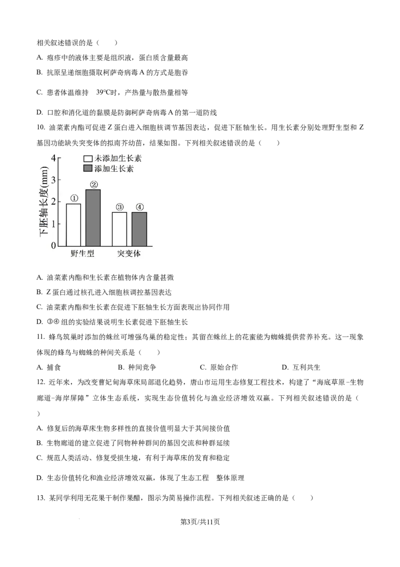 精品解析：河北省唐山市2025-2026学年高三上学期开学生物试题（原卷版）_2025年9月_250914河北省唐山市2025-2026学年度高三年级摸底演练（全科）