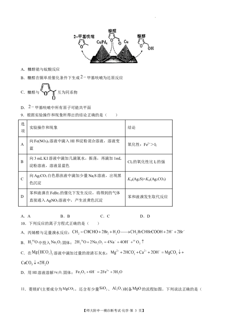 甘肃省西北师范大学附属中学2025届高三上学期一模诊断考试化学+答案_2025年1月_250107甘肃省西北师范大学附属中学2025届高三上学期一模诊断考试（全科）