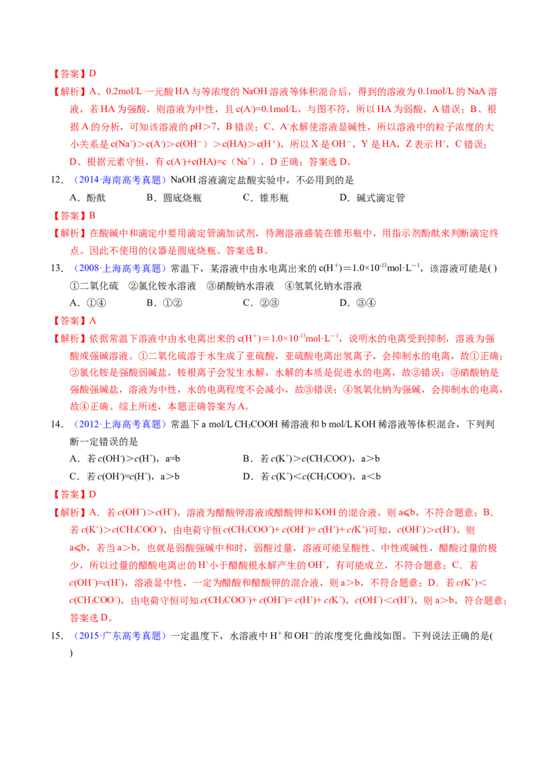 专题59水的电离与溶液的pH（解析卷）_近10年高考真题汇编（必刷）_十年（2014-2024）高考化学真题分项汇编（全国通用）_十年（2014-2023）高考化学真题分项汇编（全国通用）