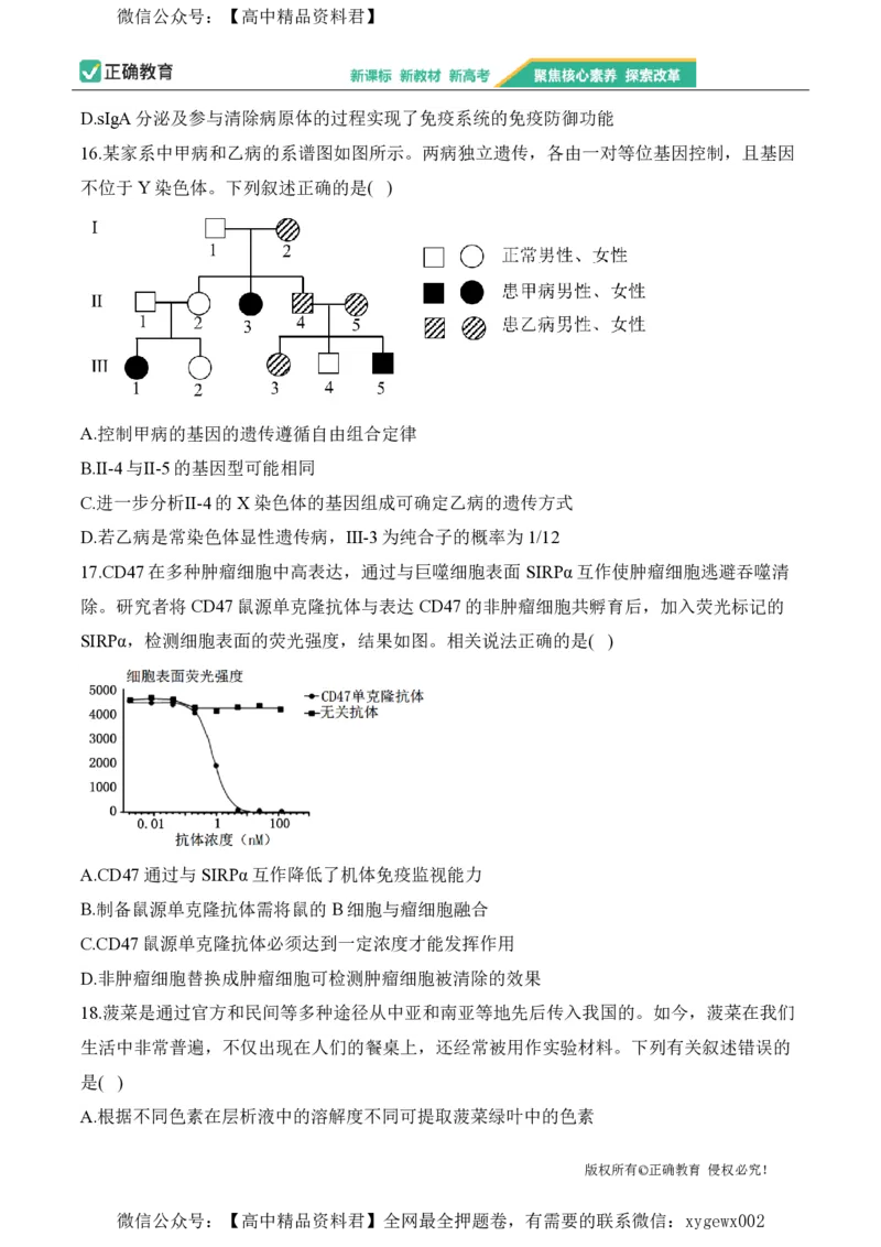 2024届明日之星高考生物精英模拟卷河北版_2024高考押题卷_72024正确教育全系列_2024明日之星全系列_（新高考）2024《明日之星&middot;高考精英模拟卷》（九科全）各一套