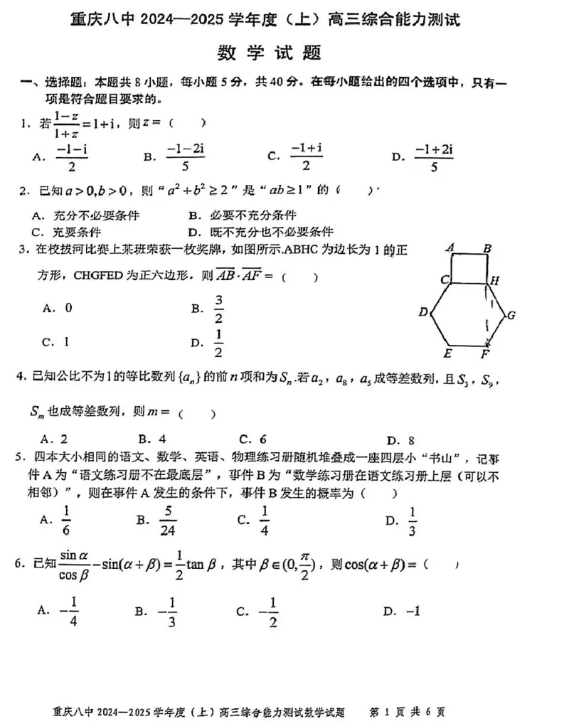 重庆市第八中学2025届高三上学期1月综合能力测试（期末）数学PDF版含答案_2025年1月_250108重庆市第八中学2025届高三上学期1月综合能力测试（期末）（全科）