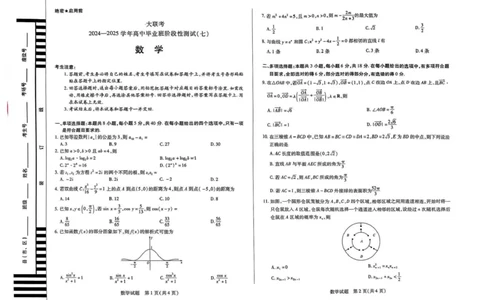 河南天一大联考2024-2025学年下高三年级阶段性测试（七）数学试题（含答案）_2025年4月_250426河南天一大联考2024-2025学年下高三年级阶段性测试（七）（全科）