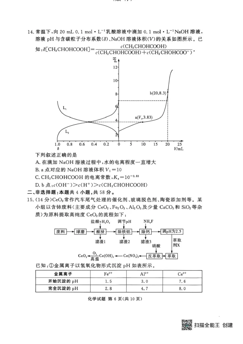 湘豫名校联考2025年9月高三秋季入学摸底考试化学试卷（含答案）_2025年9月_250912湘豫名校联考2025年9月高三秋季入学摸底考试（全科）