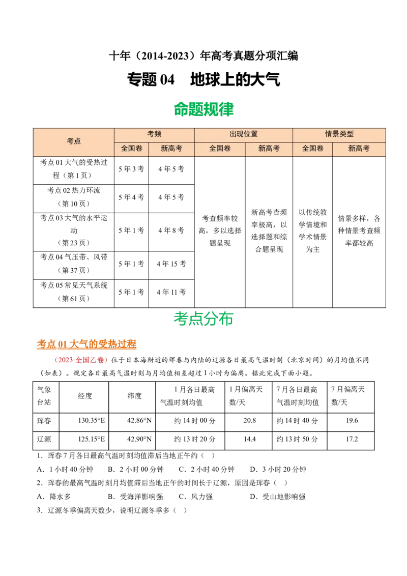 专题04地球上的大气-十年（2014-2023）高考地理真题分项汇编（解析卷）_近10年高考真题汇编（必刷）_十年（2014-2024）高考地理真题分项汇编（全国通用）