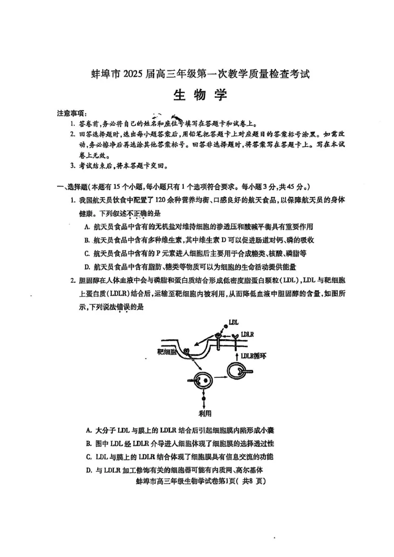 安徽省蚌埠市2025届高三上学期第一次教学质量检查考试（1月）生物PDF版含答案_2025年1月_250123安徽省蚌埠市2025届高三上学期第一次教学质量检查考试（1月）（全科）