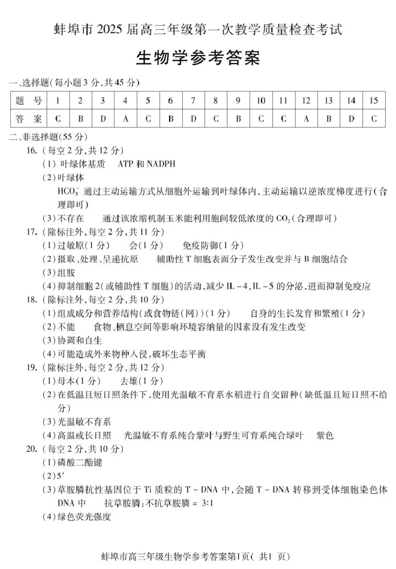 安徽省蚌埠市2025届高三上学期第一次教学质量检查考试（1月）生物PDF版含答案_2025年1月_250123安徽省蚌埠市2025届高三上学期第一次教学质量检查考试（1月）（全科）