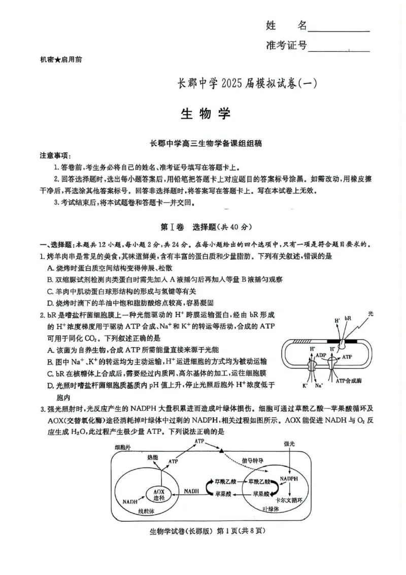 湖南炎德&middot;英才大联考长郡中学2025届模拟试卷（一）生物+答案_2025年5月_250510湖南省长郡中学2025届模拟试卷（一）（全科）