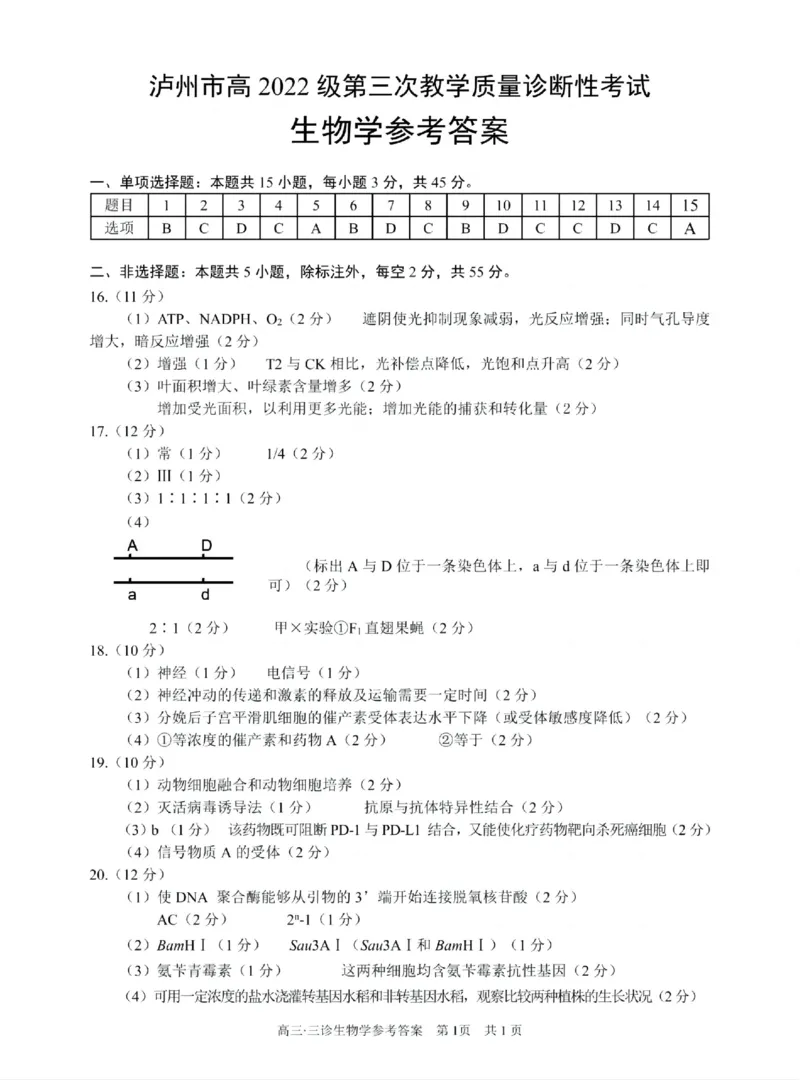 四川省泸州市高2022级第三次教学质量诊断性考试生物答案_2025年4月_250418四川省泸州市高2022级第三次教学质量诊断性考试（泸州三诊）（全科）