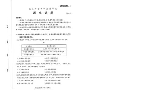 潍坊市2026届高三开学调研监测考试历史_2025年9月_250907山东省潍坊市2026届高三开学调研监测考试（全科）