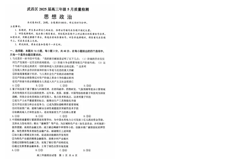 湖北省武昌区2025届高三年级5月质量检测政治_2025年5月_250518湖北省武昌区2025届高三年级5月质量检测（全科）