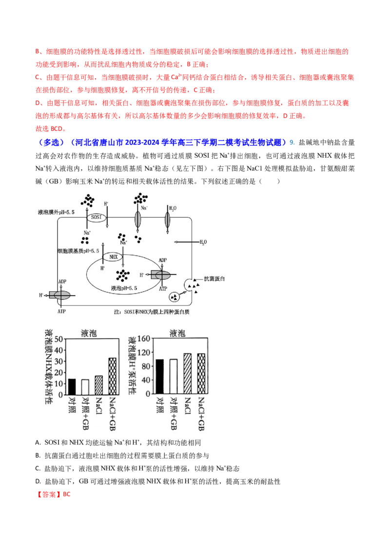专题03物质的跨膜运输-2024年高考真题和模拟题生物分类汇编（教师卷）_近10年高考真题汇编（必刷）_十年（2014-2024）高考生物真题分项汇编（全国通用）