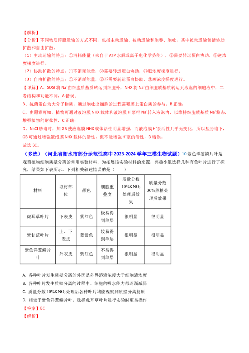 专题03物质的跨膜运输-2024年高考真题和模拟题生物分类汇编（教师卷）_近10年高考真题汇编（必刷）_十年（2014-2024）高考生物真题分项汇编（全国通用）