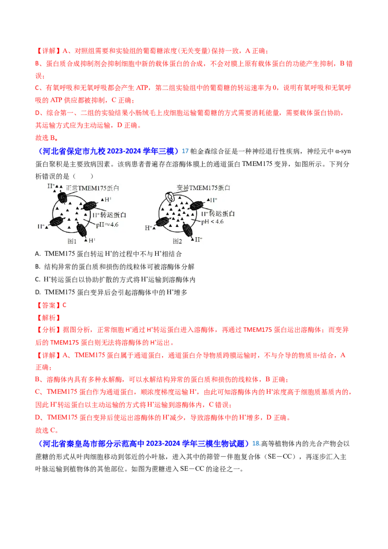 专题03物质的跨膜运输-2024年高考真题和模拟题生物分类汇编（教师卷）_近10年高考真题汇编（必刷）_十年（2014-2024）高考生物真题分项汇编（全国通用）