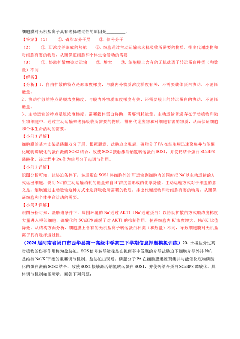 专题03物质的跨膜运输-2024年高考真题和模拟题生物分类汇编（教师卷）_近10年高考真题汇编（必刷）_十年（2014-2024）高考生物真题分项汇编（全国通用）