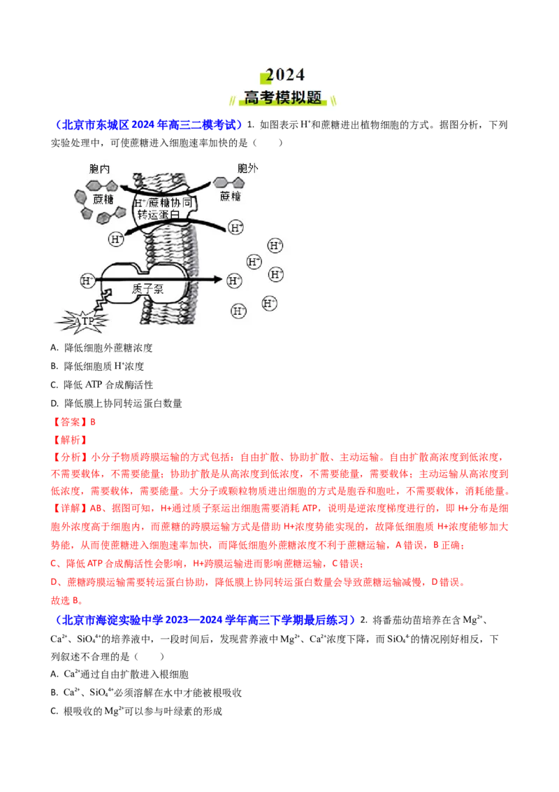 专题03物质的跨膜运输-2024年高考真题和模拟题生物分类汇编（教师卷）_近10年高考真题汇编（必刷）_十年（2014-2024）高考生物真题分项汇编（全国通用）