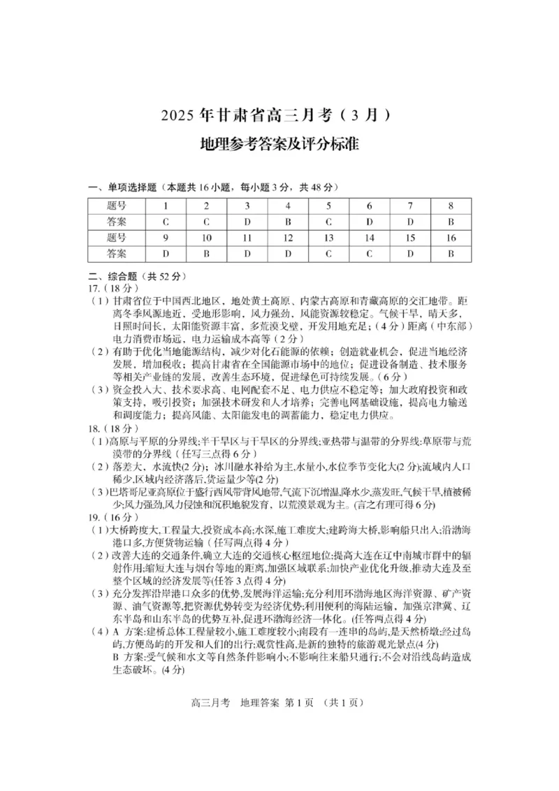 甘肃省2025年高三（3月）考试卷地理答案_2025年3月_250314甘肃省2025年高三（3月）考试卷（甘肃一诊）（全科）_甘肃省2025年高三（3月）考试卷地理