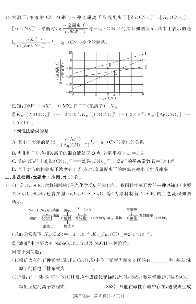 金太阳25-338C安徽省六安市市区2025届高三下学期考前适应性考试化学_2025年3月_250329安徽省六安市市区2025届高三下学期考前适应性考试（金太阳25-338C）（全科）
