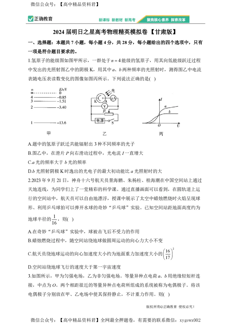 2024届明日之星高考物理精英模拟卷甘肃版_2024高考押题卷_72024正确教育全系列_2024明日之星全系列_（新高考）2024《明日之星&middot;高考精英模拟卷》（九科全）各一套