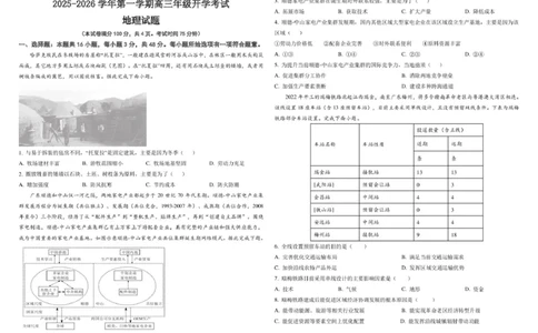 地理试题_2025年8月_250807山西省山西现代双语学校等2025-2026学年高三上学期开学联考_山西省太原市山西现代双语学校2025-2026学年高三上学期开学地理试题