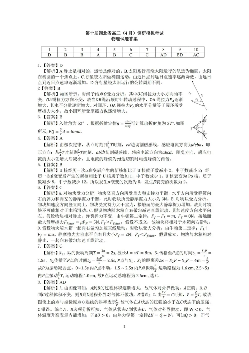 湖北省2025届高三（4月）调研模拟考试物理答案_2025年4月_250417第十届湖北省2025届高三（4月）调研模拟考试（全科）_湖北省2025届高三（4月）调研模拟考试物理
