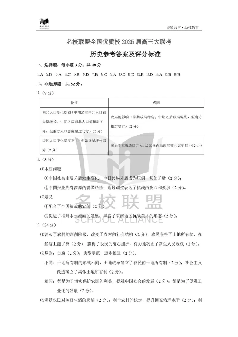 历史答案及评分标准名校联盟全国优质校2025届高三大联考(1)_2025年2月_250206福建省名校联盟全国优质校2025届高三大联考_福建省名校联盟全国优质校2025届高三大联考历史