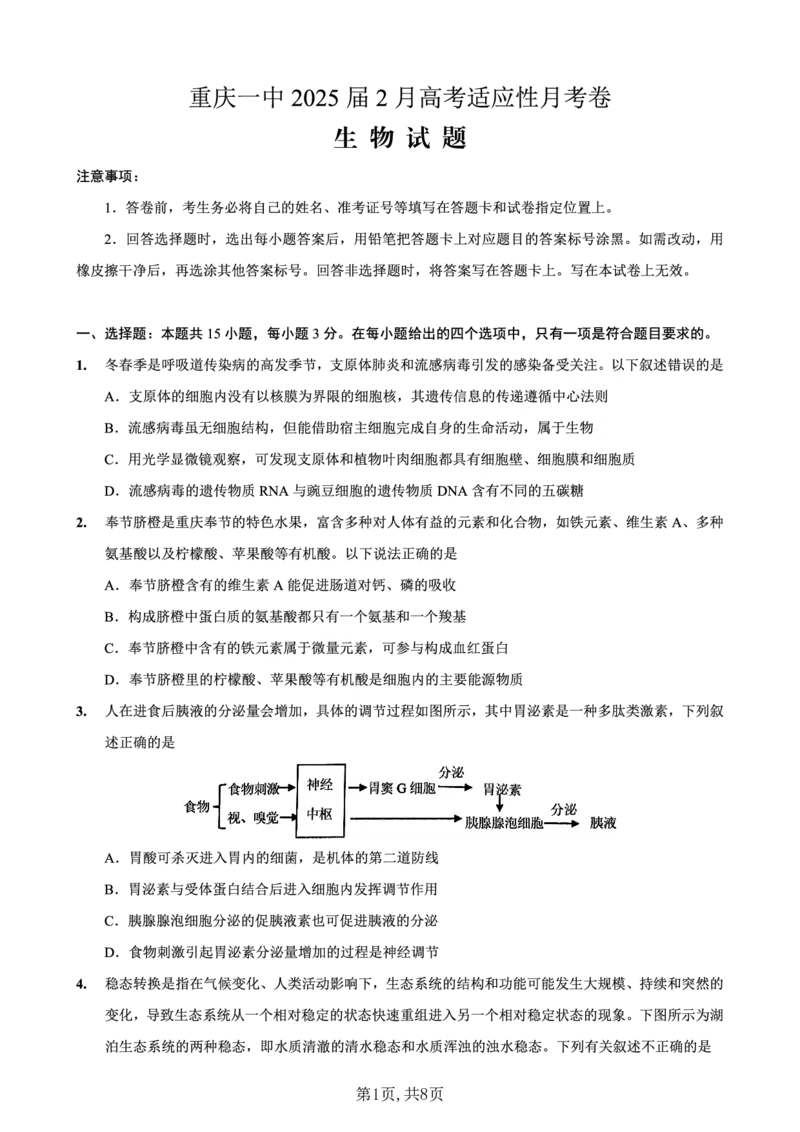 重庆市第一中学校2025届高三下学期2月开学考试生物_2025年2月_250223重庆市第一中学校2025届高三下学期2月开学考试（全科）_重庆市第一中学校2025届高三下学期2月开学考试生物