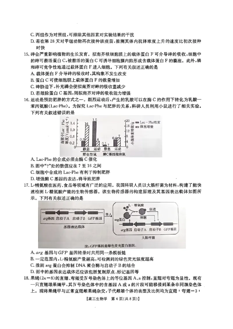 河北金太阳&ldquo;五个一&rdquo;名校联盟2026届高三年级联考生物试题含答案(1)_2026年1月_260121河北五个一名校联盟2026届高三1月联考（全科）