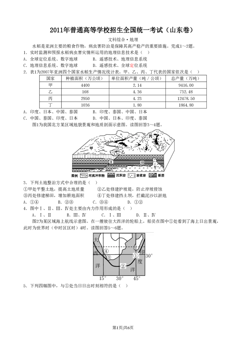 2011年高考地理试卷（山东）（空白卷）_地理历年高考真题_新&middot;PDF版2008-2025&middot;高考地理真题_地理（按试卷类型分类）2008-2025_自主命题卷&middot;地理（2008-2025）