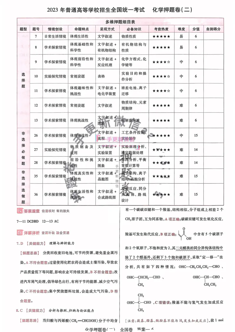 化学答案_2023高考押题卷_2023版天星金考卷最后一卷_全国卷版_最后一卷&middot;化学