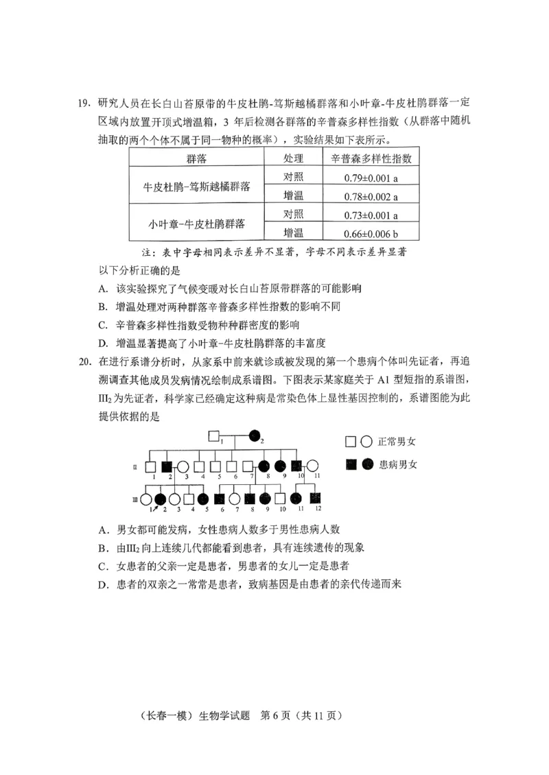 生物试卷-长春市2826届高三质量监测（一）(1)_2026年1月_260107吉林省长春市2026届高三年级质量检测（一）（长春一模）（全科）