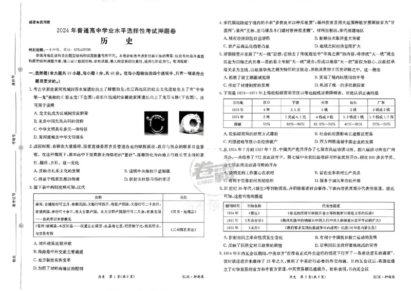 押题卷_历史_2024高考押题卷_52024金太阳全系列_（新高考版）jty临考预测押题密卷_金太阳卷霸临考押题卷