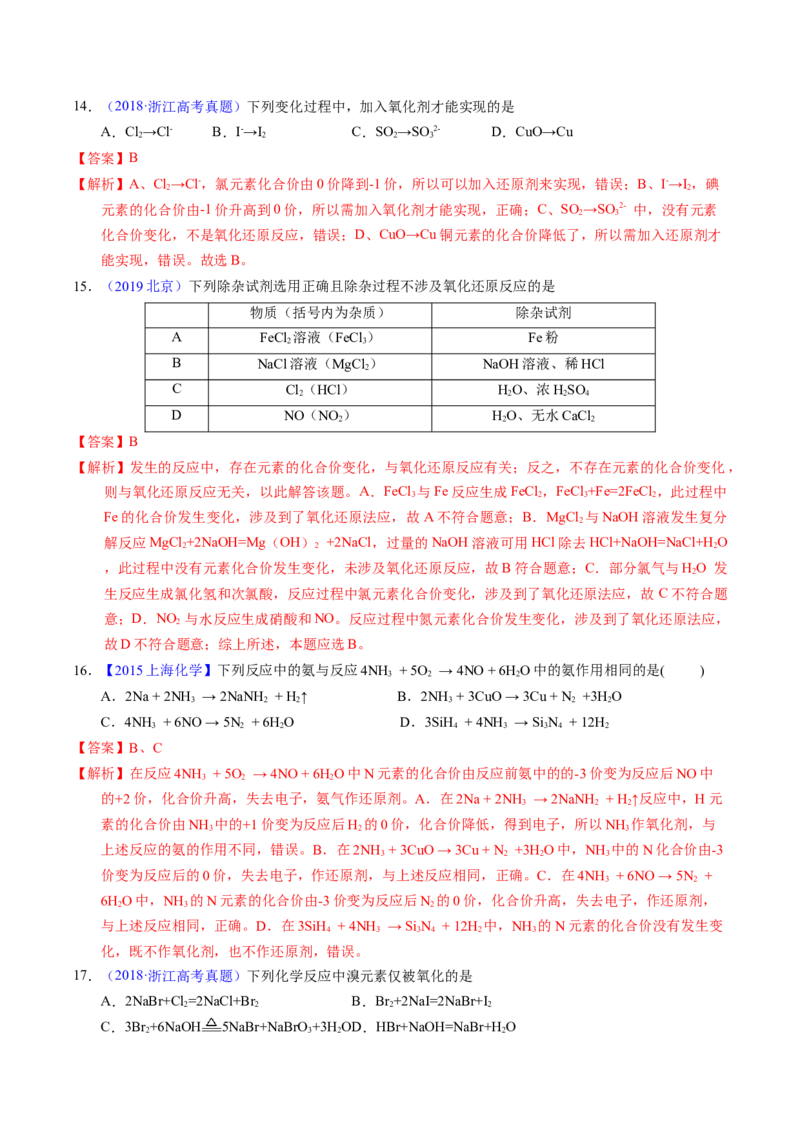 专题15氧化还原反应基本概念（解析卷）_近10年高考真题汇编（必刷）_十年（2014-2024）高考化学真题分项汇编（全国通用）_十年（2014-2023）高考化学真题分项汇编（全国通用）