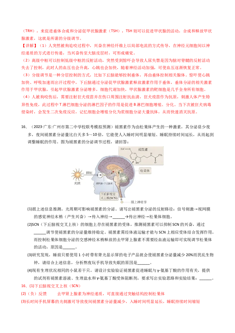 专题13体液调节（解析卷）_近10年高考真题汇编（必刷）_十年（2014-2024）高考生物真题分项汇编（全国通用）_2023年高考真题和模拟题生物分项汇编（全国通用）