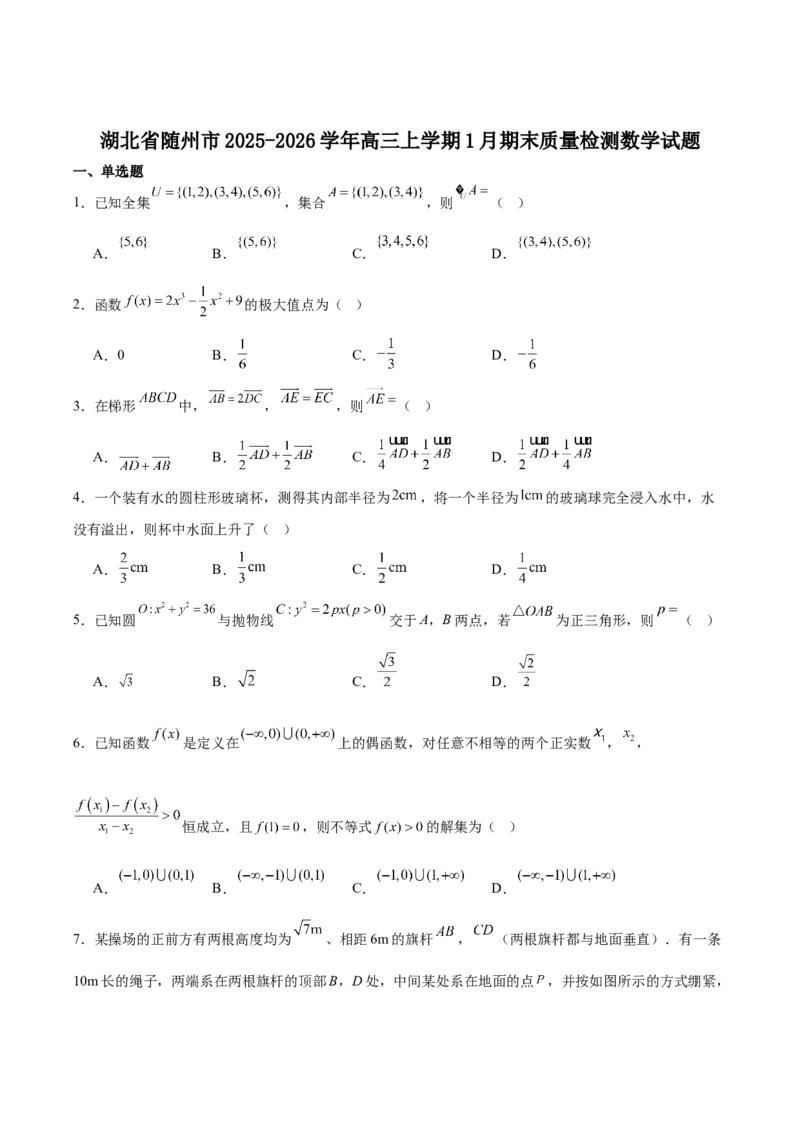湖北省随州市2026届高三上学期1月期末质量检测数学试卷（含答案）(1)_2026年1月_260112湖北省随州市2025-2026学年高三上学期1月期末质量检测