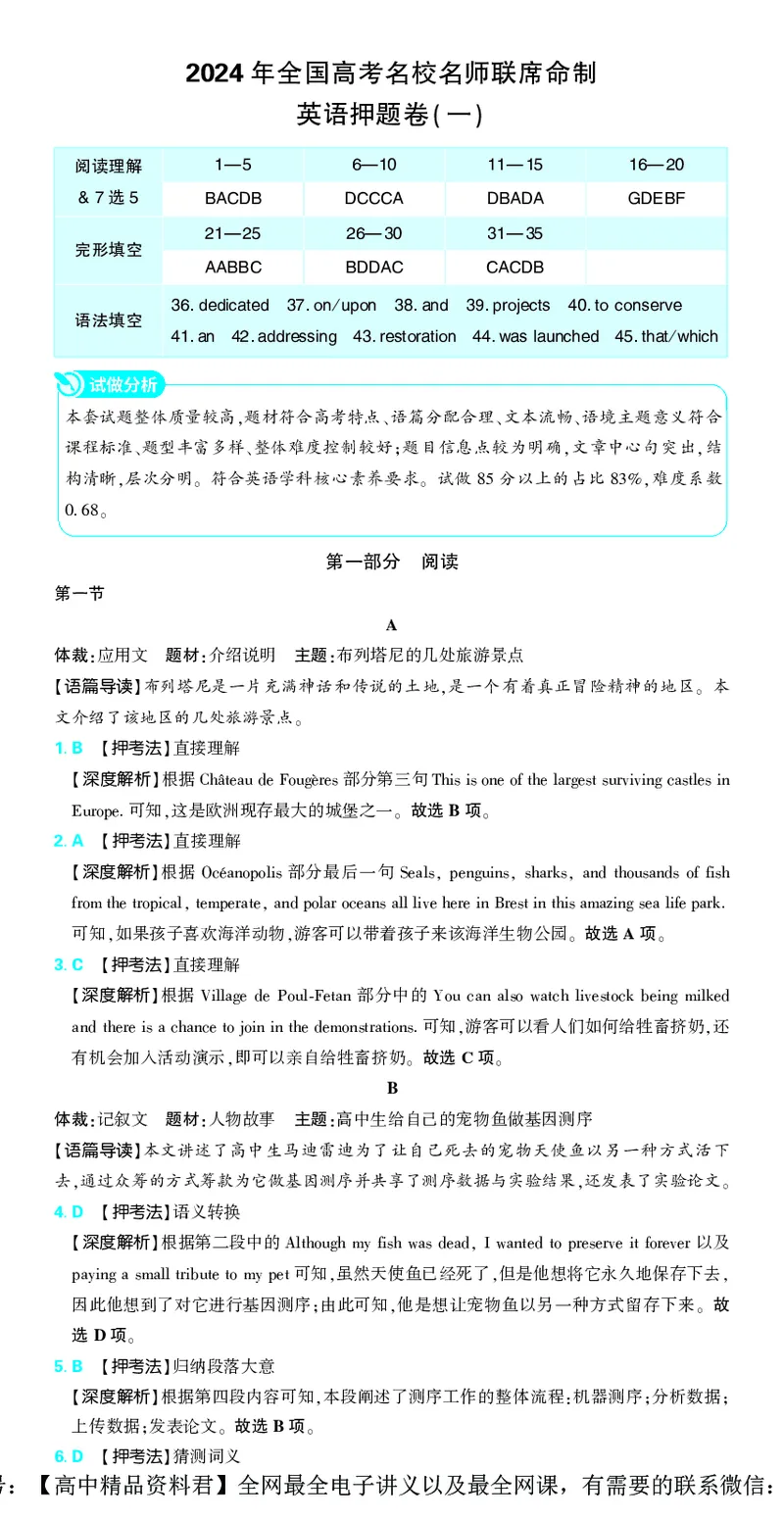 押题卷鲁粤版英语-答案1_2024高考押题卷_42024理想树全系列_（鲁粤版）2024《高考必刷卷&middot;押题卷》英语_2024高考必刷卷押题卷英语新高考鲁粤版图书答案