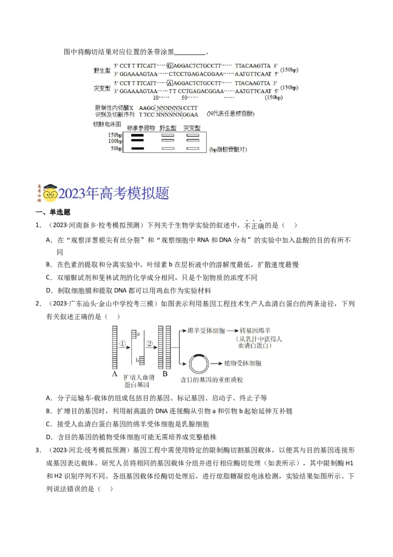 专题18基因工程（学生卷）_近10年高考真题汇编（必刷）_十年（2014-2024）高考生物真题分项汇编（全国通用）_2023年高考真题和模拟题生物分项汇编（全国通用）