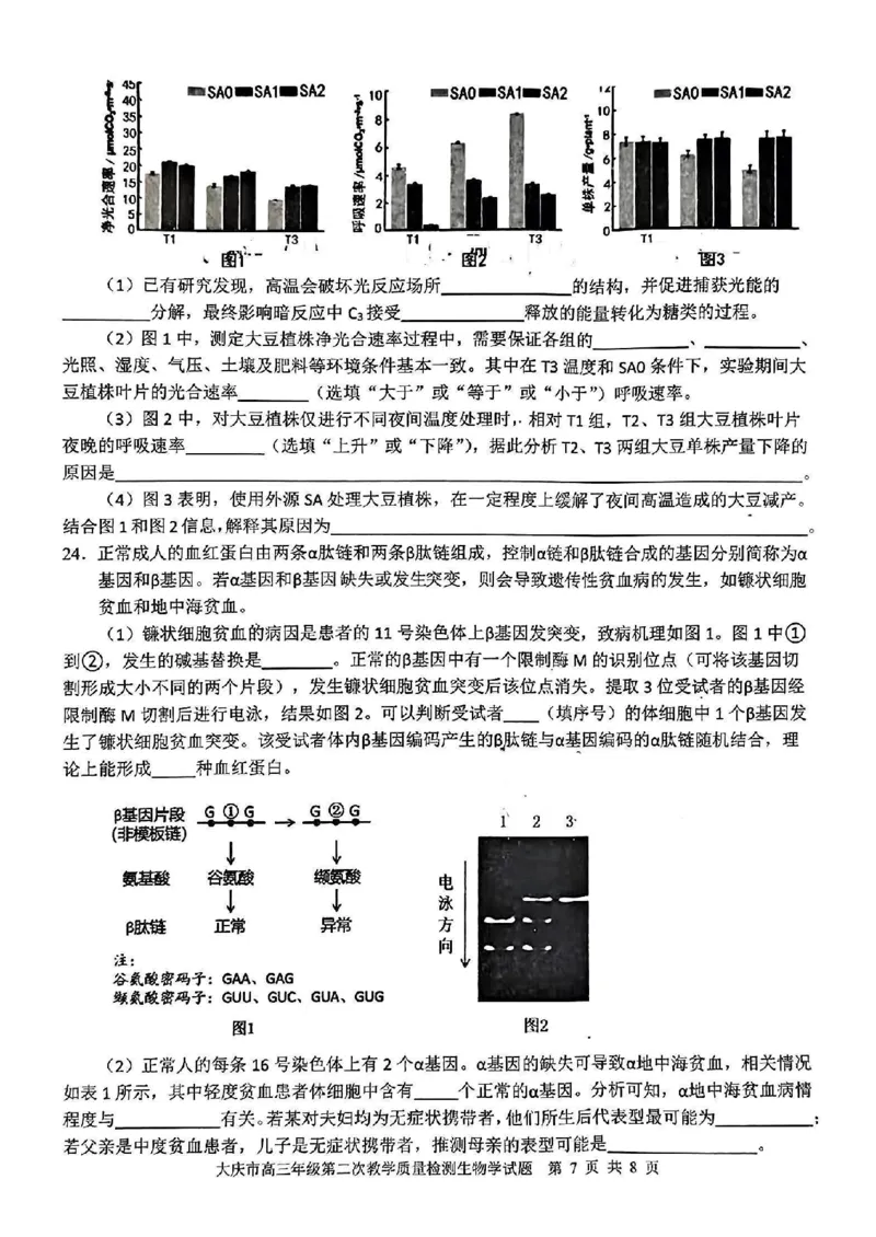 黑龙江省大庆市2025届高三年级第二次教学质量检测生物_2025年1月_250111黑龙江省大庆市2025届高三年级第二次教学质量检测（大庆二模）