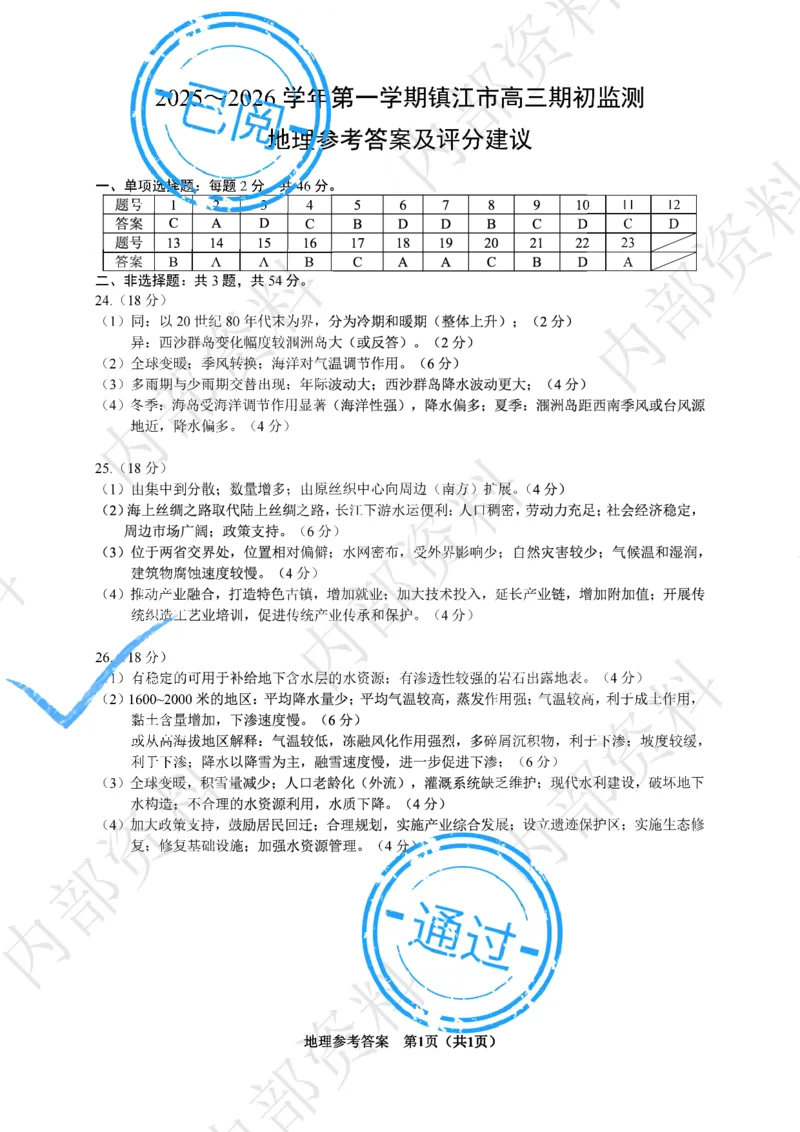 镇江市2025~2026学年第一学期高三期初监测地理答案_2025年9月_250918江苏省镇江市2025~2026学年第一学期高三期初监测（全科）_镇江市2025~2026学年第一学期高三期初监测地理