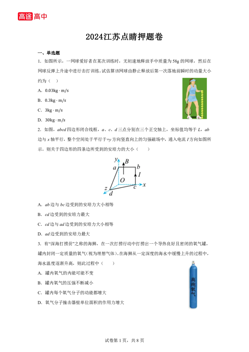 13_2024江苏卷点睛押题_2024高考押题卷_132024高途全系列_26高途点睛卷_2024点睛密卷-物理